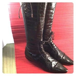Brown Croc Design Leather Boots Size 37 Boots